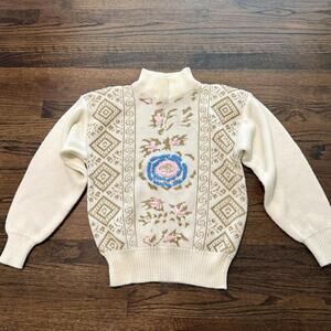 Vintage Adell Barre White Floral and Gold Mockneck Sweater Size Medium